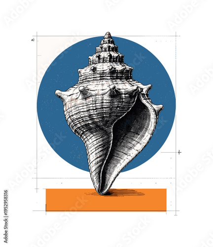 black and white detailed engraving of a conch shell centered vertically, layered cut-out collage style, large deep blue circular form echoing the shell