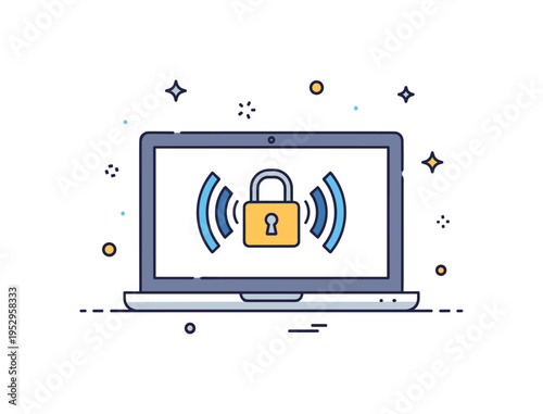 Secure Wi Fi login concept illustrated by a laptop screen displaying a lock icon combined with wireless signal waves, representing protected network access.