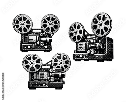 Film Projector ? dual reel projector. A classic dual reel film projector represented as a single object shown in three different views highlighting reel arms,
