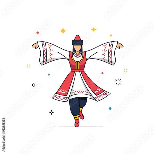 Cultural costumes traditional dancer in ornate embroidered outfit with flowing sleeves and subtle decorative patterns, expressing heritage pride and rhythmic