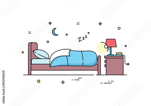 Making the bed before sleep concept featuring a bed with folded duvet and small bedside lamp glowing, conveying transition from day to night and comfort. A