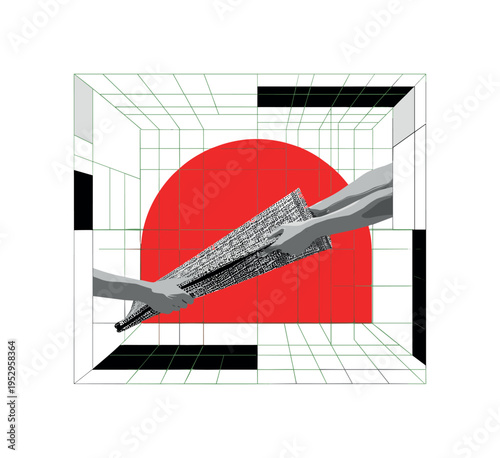 Black and white image of hands performing synchronized button presses, oversized bright blue semicircle rising behind, thin vertical stripes elongating the