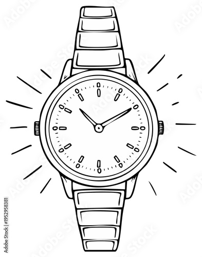 Hand-drawn illustration of a classic analog wristwatch, with bright rays.