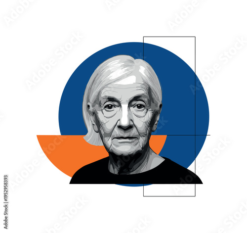 elderly face with expressive eyes and soft grey hair in monochrome, large deep blue geometric circle behind the head and orange half-circle accent crossing