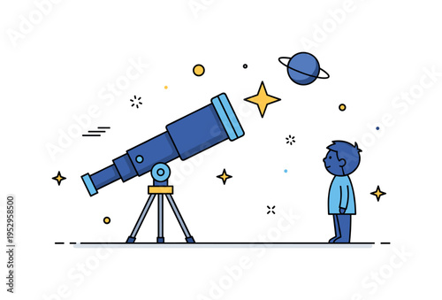 Astronomy club for children illustrated through a telescope pointed at a star with a small planet icon nearby and a curious child silhouette, expressing