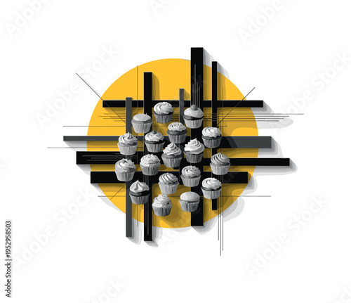 monochrome mini cupcakes arranged in circular pattern, overlapping oversized yellow circular backdrop and black abstract bars, fine structured lines and flat