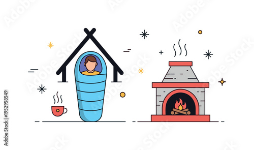 Quiet winter shelter featuring a person tucked inside a sleeping bag with a small cup of hot drink nearby and a crackling fireplace as the focal point. Gentle