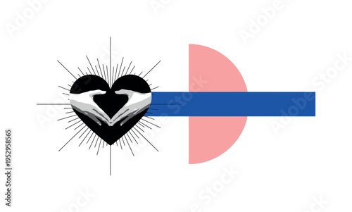 Black and white heart shape formed by two hands at chest level, oversized pink semicircle intersected by cobalt blue rectangular bar suggesting balance, thin