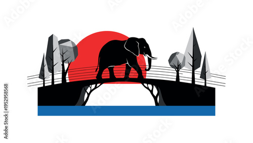 Black and white elephant silhouette crossing a natural overpass with abstract geometric trees on both sides, bold red semicircle behind the animal emphasizing