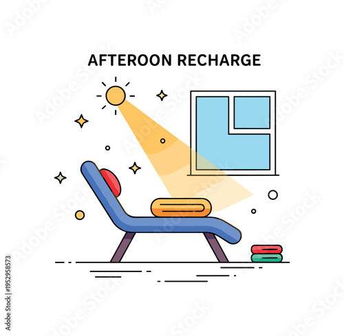 Afternoon recharge cozy lounge chair near a simple window with warm sunlight beam and a folded blanket, conveying peaceful pause and mindful rejuvenation