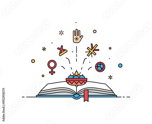 Cultural storytelling through crafts featuring an open book with small handcrafted symbols rising above it, representing narratives embedded in handmade