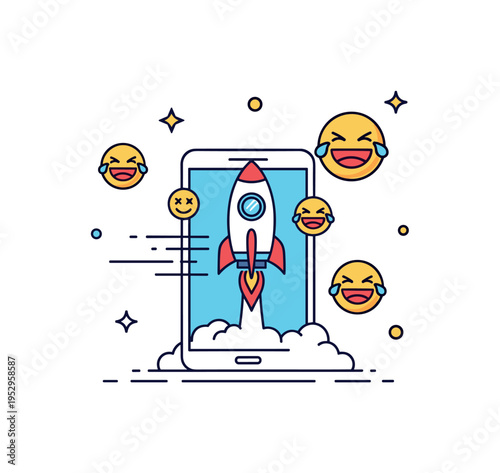 Viral meme trend concept centered on a small rocket icon launching from a phone screen with laughing reactions floating around, symbolizing rapid sharing,