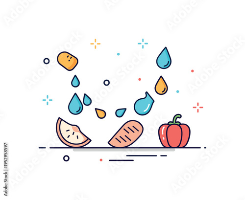 Digestive enzyme activity theme illustrated by small droplet icons interacting with simplified food shapes, expressing chemical breakdown and efficient