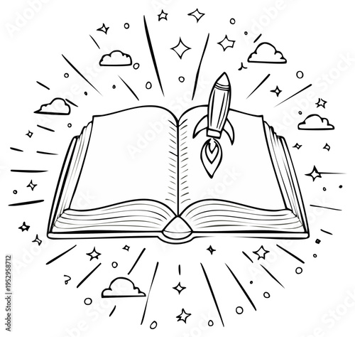 Open book inspiring imagination and adventure with a rocket launching towards stars and clouds