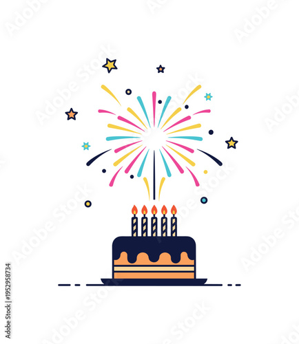 Birthday fireworks surprise illustrated by a cake silhouette with a bright firework bloom rising behind it, conveying excitement and festive cheer. The visual
