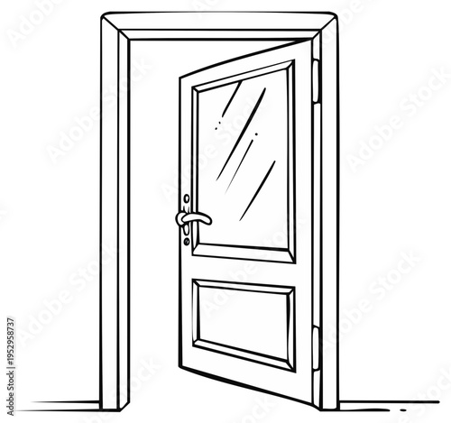 Cartoon drawing of an open door with a glass panel and doorknob, showing an entrance