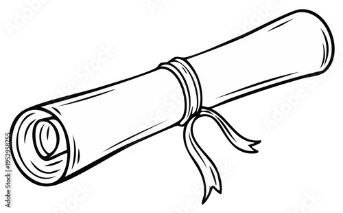 Line Art Scroll Tied with Ribbon Cartoon Style Celebration Document Paper Achievement
