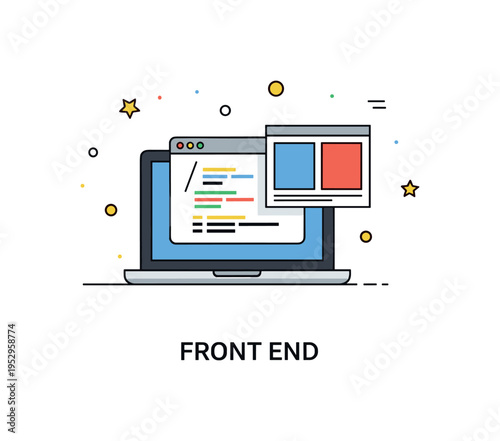Web design coding interface concept with a minimal laptop screen displaying simplified code lines next to a small layout preview, symbolizing front end