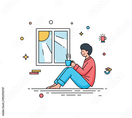 Pajama day at home morning routine theme centered on a relaxed character in pajamas holding a cup beside a simple window with soft sun rays. A warm editorial