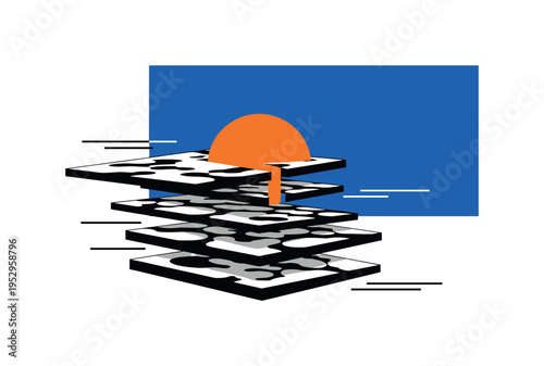 Black and white tectonic plates illustrated as offset geometric slabs, large cobalt blue rectangle echoing structural stability, orange semicircle rising