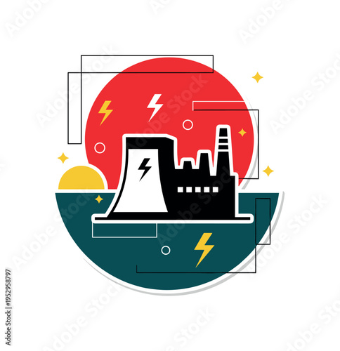 Black and white abstracted power plant silhouette simplified into bold shapes, large red circular backdrop dominating upper frame, deep teal semicircle at the