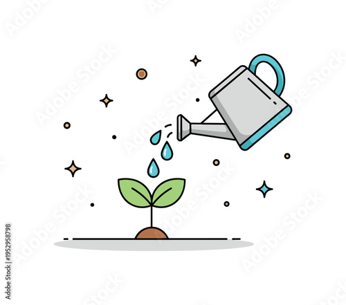 Watering and plant growth illustration showing a watering can pouring gentle droplets onto a sprout, expressing nurturing and responsibility. Subtle drop