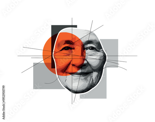 realistic black and white face with soft wrinkles and kind smile, intersected by large orange circle and fine black linear elements, abstract geometric blocks