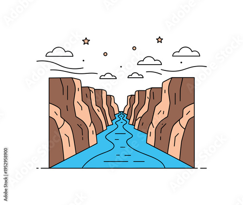 River canyon landscape represented by a winding blue river cutting between symmetrical rock walls, symbolizing natural erosion and timeless movement. The clean