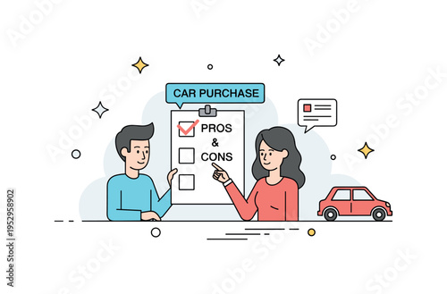Car purchase planning couple reviewing a checklist labeled Pros and Cons with a small vehicle silhouette nearby, conveying responsible evaluation and open