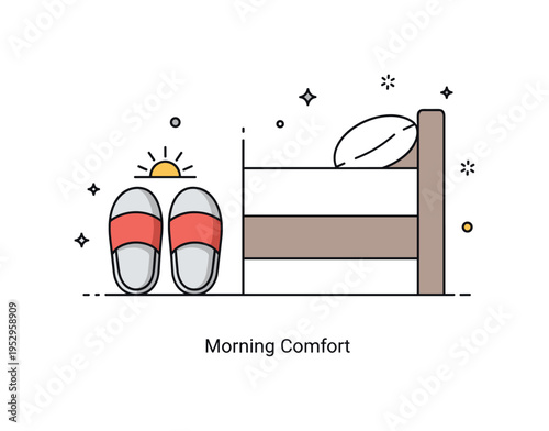 Putting on slippers cozy morning routine illustrated by a simple pair of soft house slippers beside a bed edge with a small sun icon rising, expressing comfort