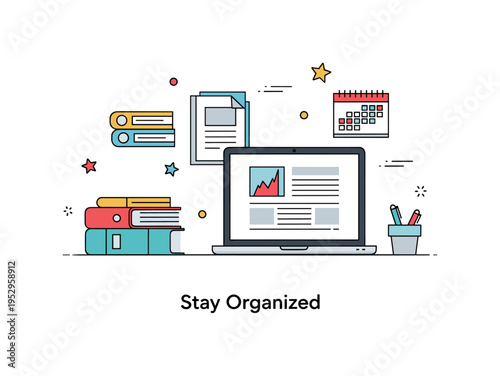 Laptop and documents home office organization illustrated by a tidy desk scene with stacked files, an open computer, and a small calendar icon, conveying
