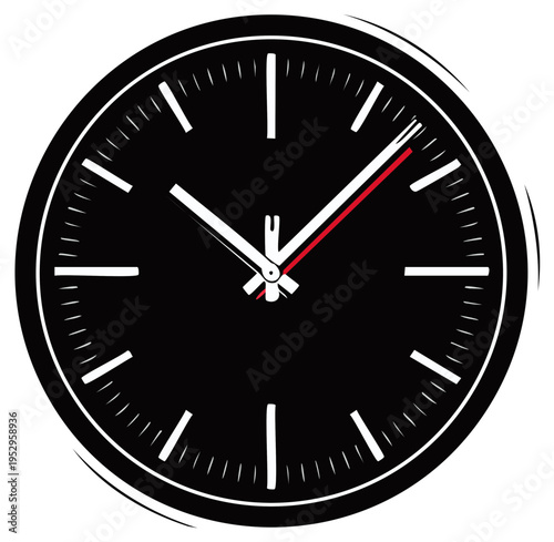 Minimalist Black Clock Face with White Tick Marks and Red Second Hand Showing Time