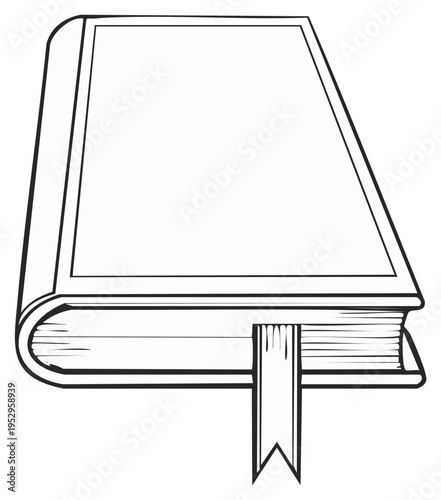 Simple black and white illustration of a hardcover book with a ribbon bookmark