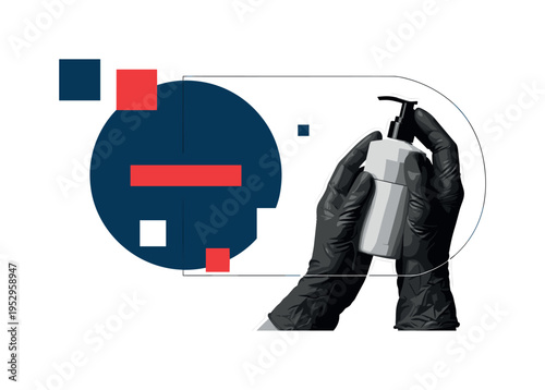 Black and white doctor?s gloved hands holding a sanitizer bottle, deep blue circle behind with red horizontal bar cutting across symbolizing safety protocol,