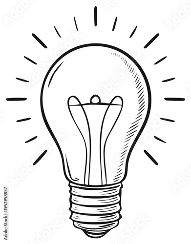 Hand Drawn Lightbulb Symbolizing Creative Thinking and Inspiration Illuminating with Rays of Brilliance Depicted in Line Art