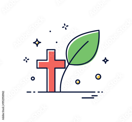 Faith and recovery symbolism built around a small cross integrated with a rising leaf sprout, conveying renewal, hope, and new beginnings through belief. A