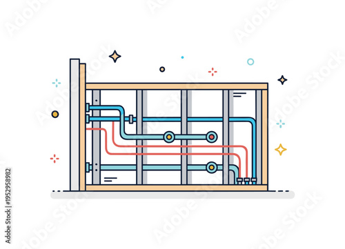 Pipe routing plan simplified wall frame section with pipes passing through studs in aligned sequence, representing structural coordination during rough