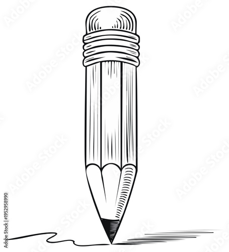 Classic wooden pencil with an eraser drawing a line in a hand drawn vintage style