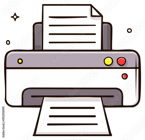 Cartoon printer with paper output and input document document printing machine illustration
