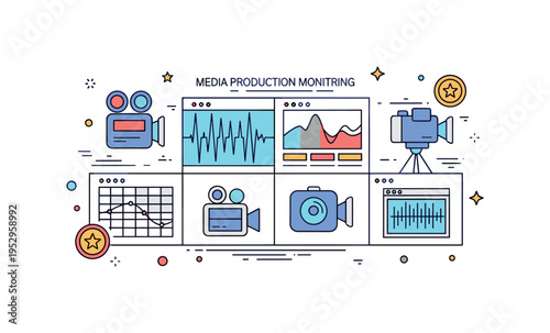 Media production monitoring central screen grid with simplified camera icons and waveform overlays, illustrating real time quality control and signal