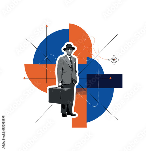 Black and white realistic traveler standing with a vintage suitcase as the main object, retro photographic texture, white cut-out outline around the figure,