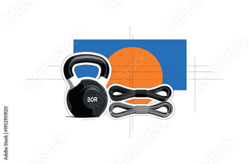 Black and white kettlebell and resistance bands arranged neatly, large blue rectangle split by orange circle behind them, fine linear grid elements symbolizing