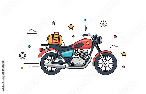 Retro road trip spirit featuring a classic motorcycle with a small duffel bag strapped to the seat and subtle motion lines, symbolizing adventure and freedom.