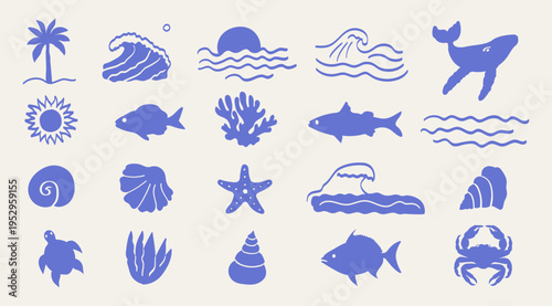 Boho hand-drawn vector summer set.Naive ocean elements: waves, fish, shells, whale,crab,turtle,seaweed, coral, sun, palm tree.Tropical retro surf prints,summer beach label, naive vignetting silhouette