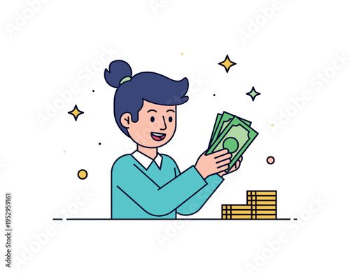 First paycheck moment young professional holding a small stack of bills with joyful expression and subtle star accents, symbolizing independence and career