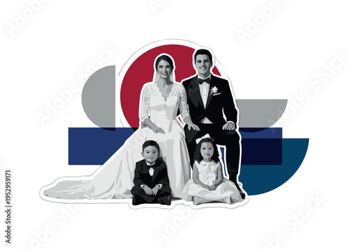 Black and white seated family portrait with newlyweds in elegant attire and children in front, vibrant ruby circular accent behind upper torsos, dark cobalt