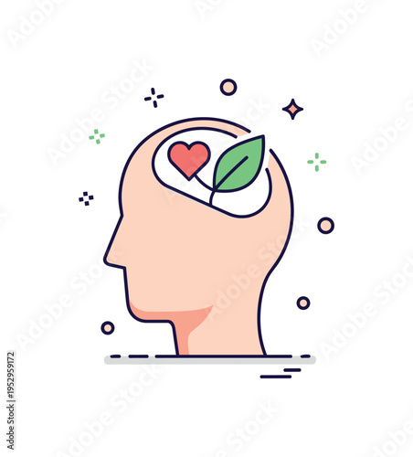 Mental health awareness stylized human head silhouette with a small heart and leaf growing inside, expressing care, healing and the importance of nurturing