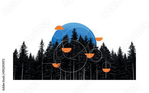 Black and white realistic tall forest trees with sunlight breaking through the canopy, bold blue circular halo behind the upper branches and bright orange