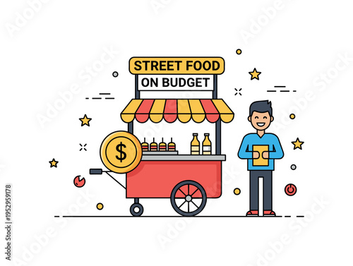 Street food on a budget concept built around a small food cart with a coin symbol and a happy traveler silhouette, conveying cultural immersion, affordability,