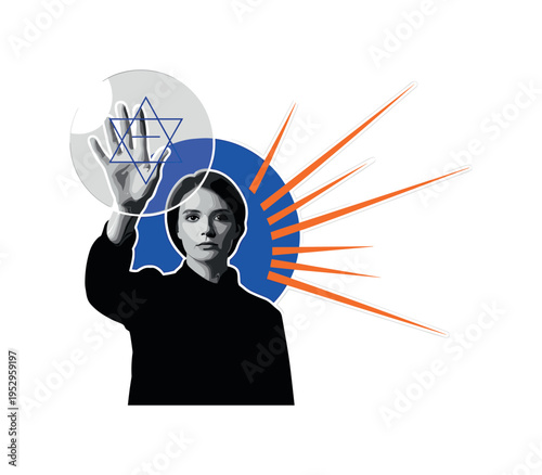 black and white frontal portrait of a person raising a transparent shield-like disc, blue halo framing the upper body, orange linear accents radiating outward